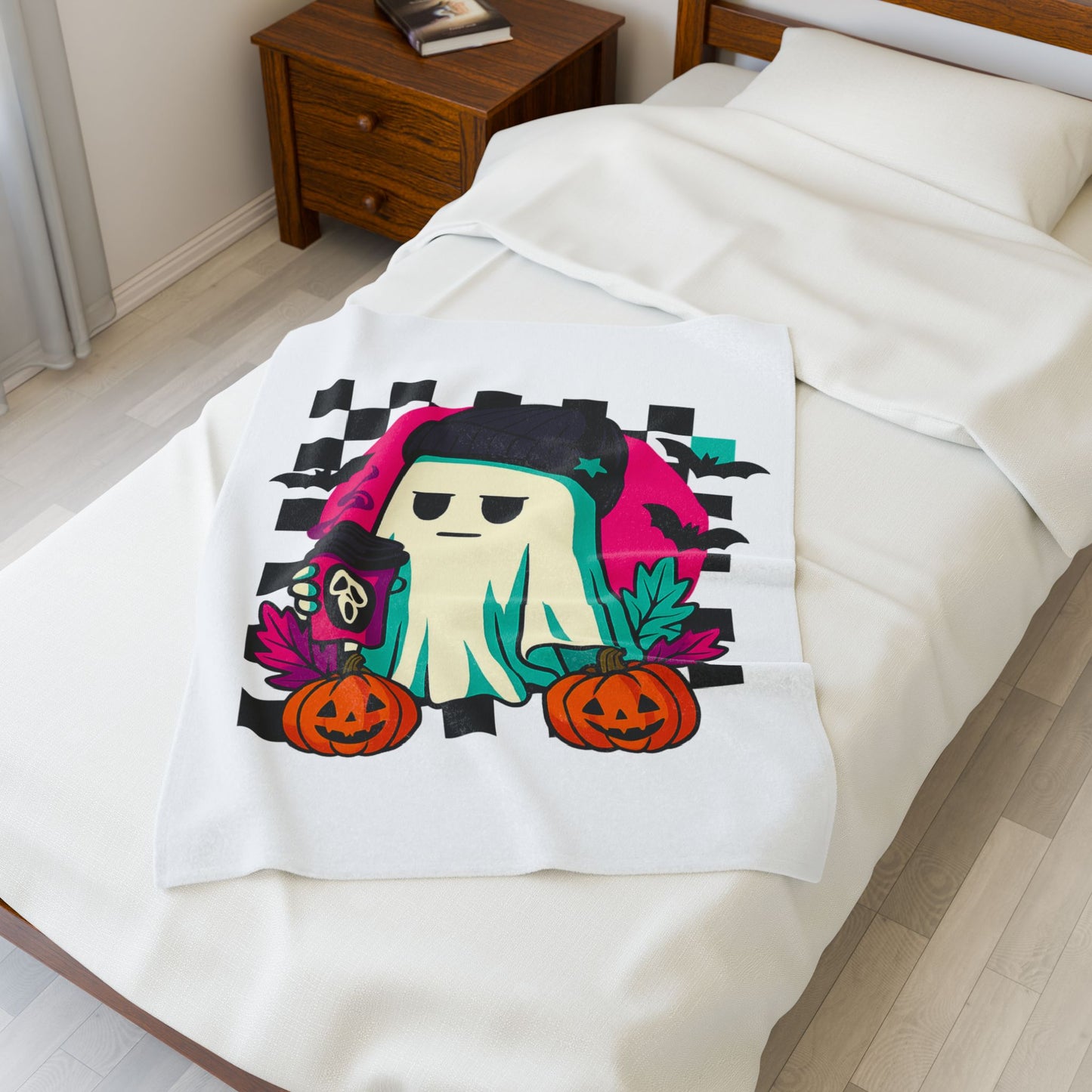 Ghostly Cozy Velveteen Blanket, Halloween Throw, Soft Plush Blanket, Spooky Home Decor, Perfect Gift for Fall