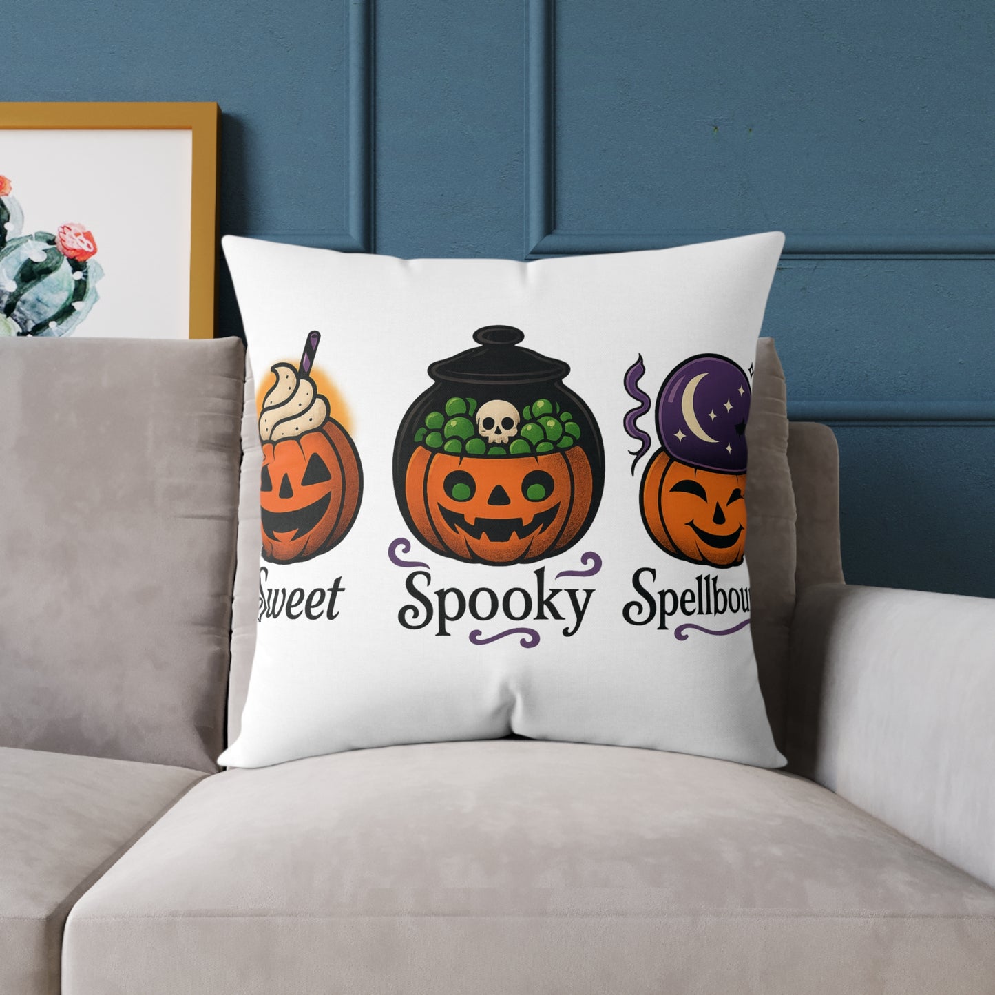Halloween-Themed Square Poly Canvas Pillow, Spooky Decor, Sweet Spooky Spellbound, Fall Pillow, Halloween Home Accent