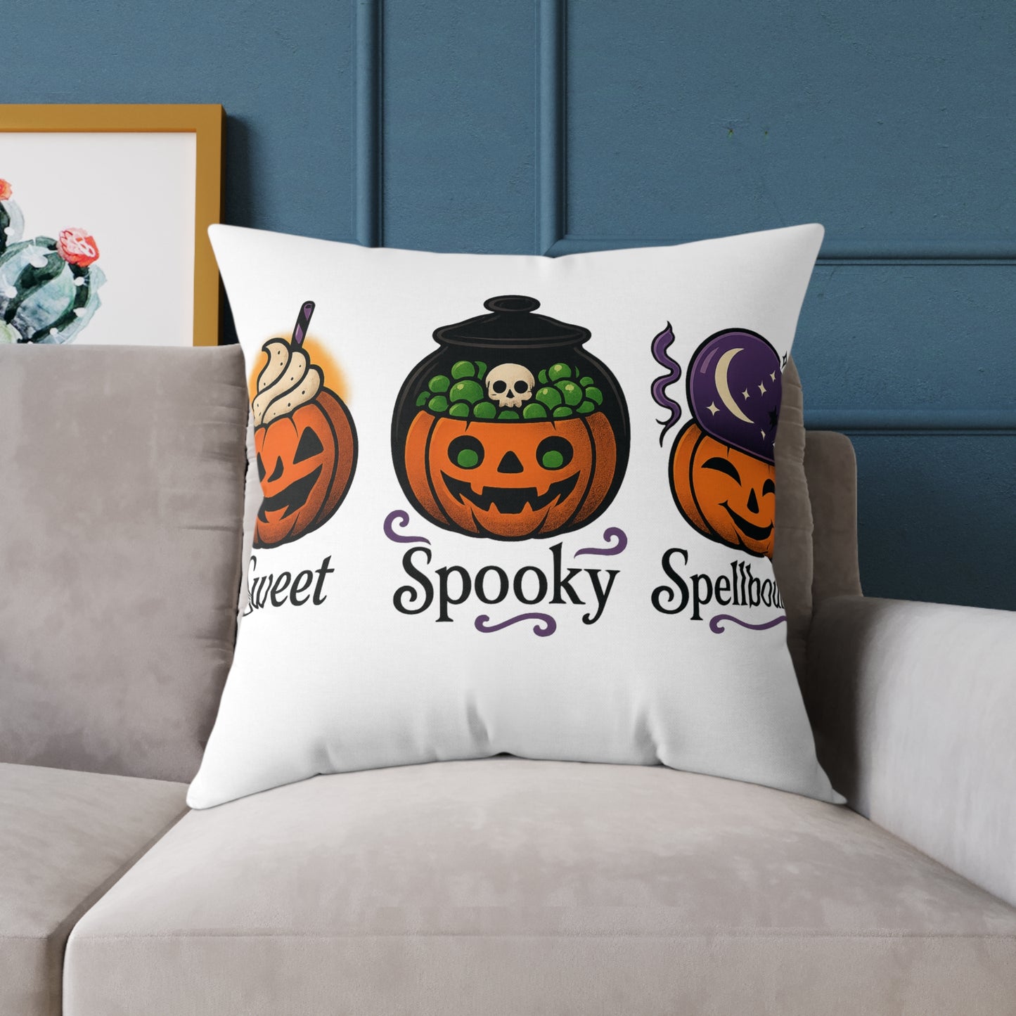 Halloween-Themed Square Poly Canvas Pillow, Spooky Decor, Sweet Spooky Spellbound, Fall Pillow, Halloween Home Accent