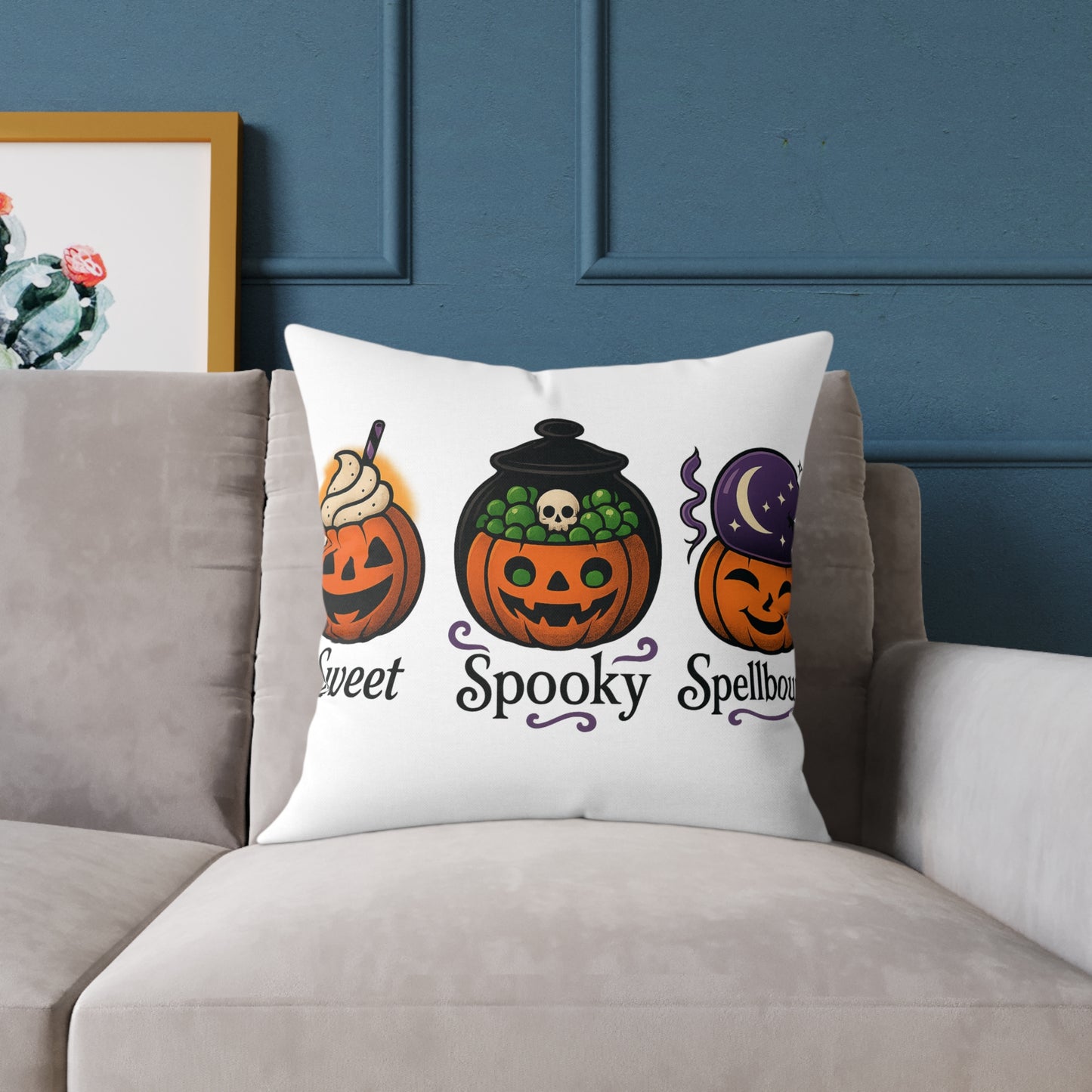 Halloween-Themed Square Poly Canvas Pillow, Spooky Decor, Sweet Spooky Spellbound, Fall Pillow, Halloween Home Accent