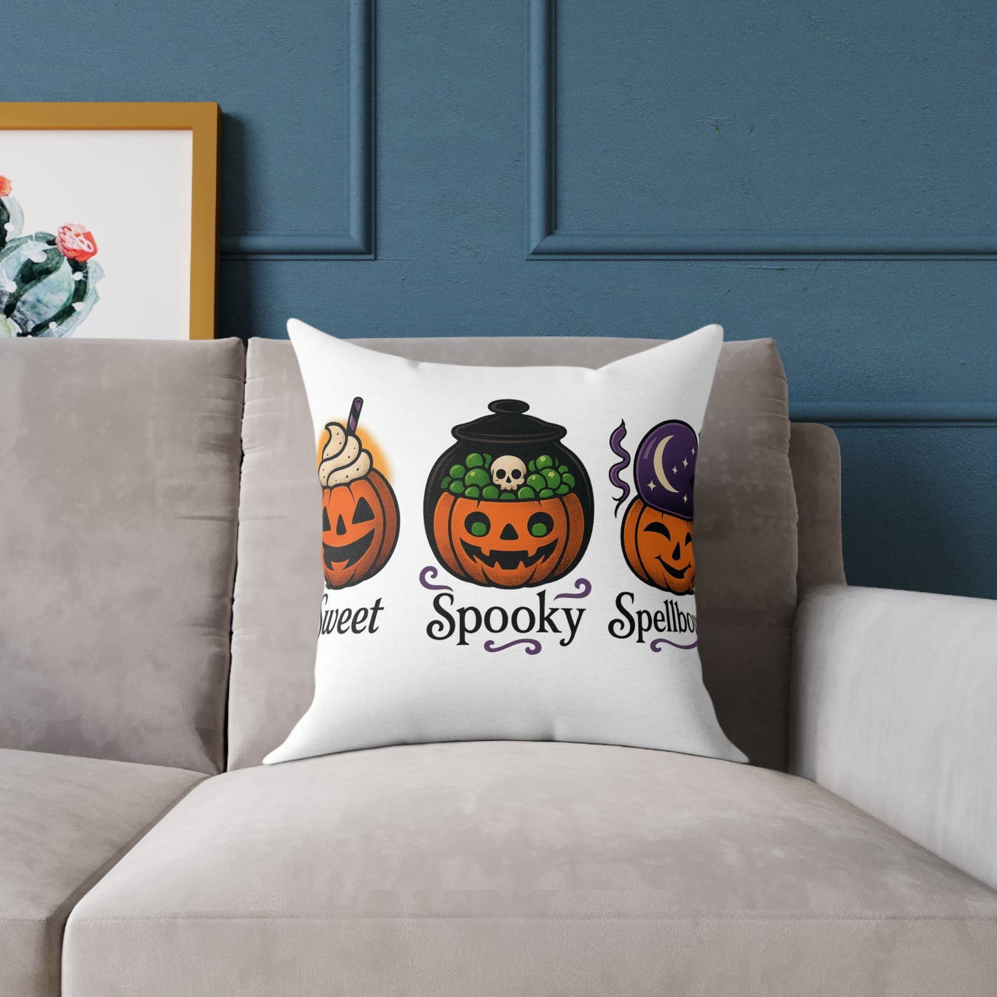 Halloween-Themed Square Poly Canvas Pillow, Spooky Decor, Sweet Spooky Spellbound, Fall Pillow, Halloween Home Accent
