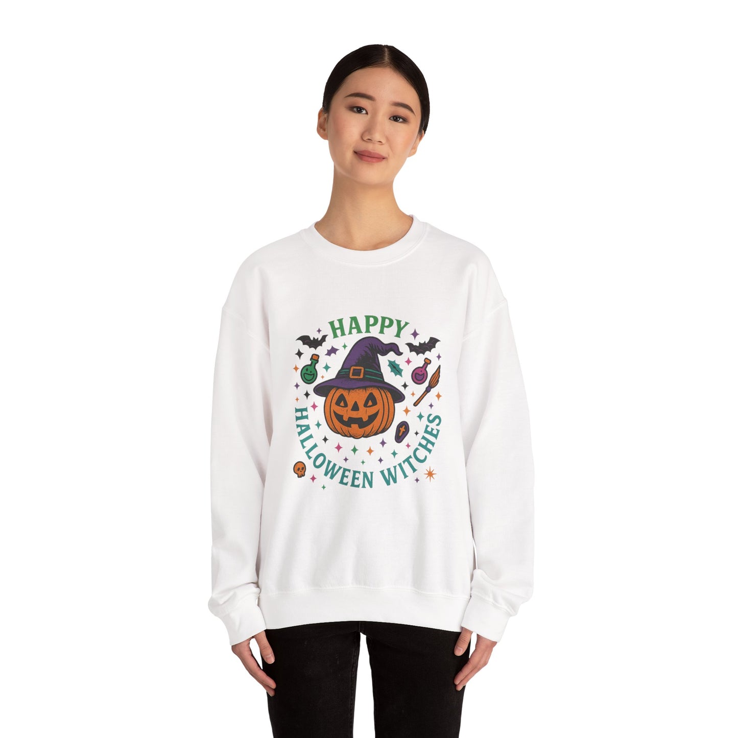 Happy Halloween Witches Sweatshirt, Unisex Cozy Crewneck, Spooky Season Apparel, Fall Fashion, Halloween Gift Idea, Pumpkin Design