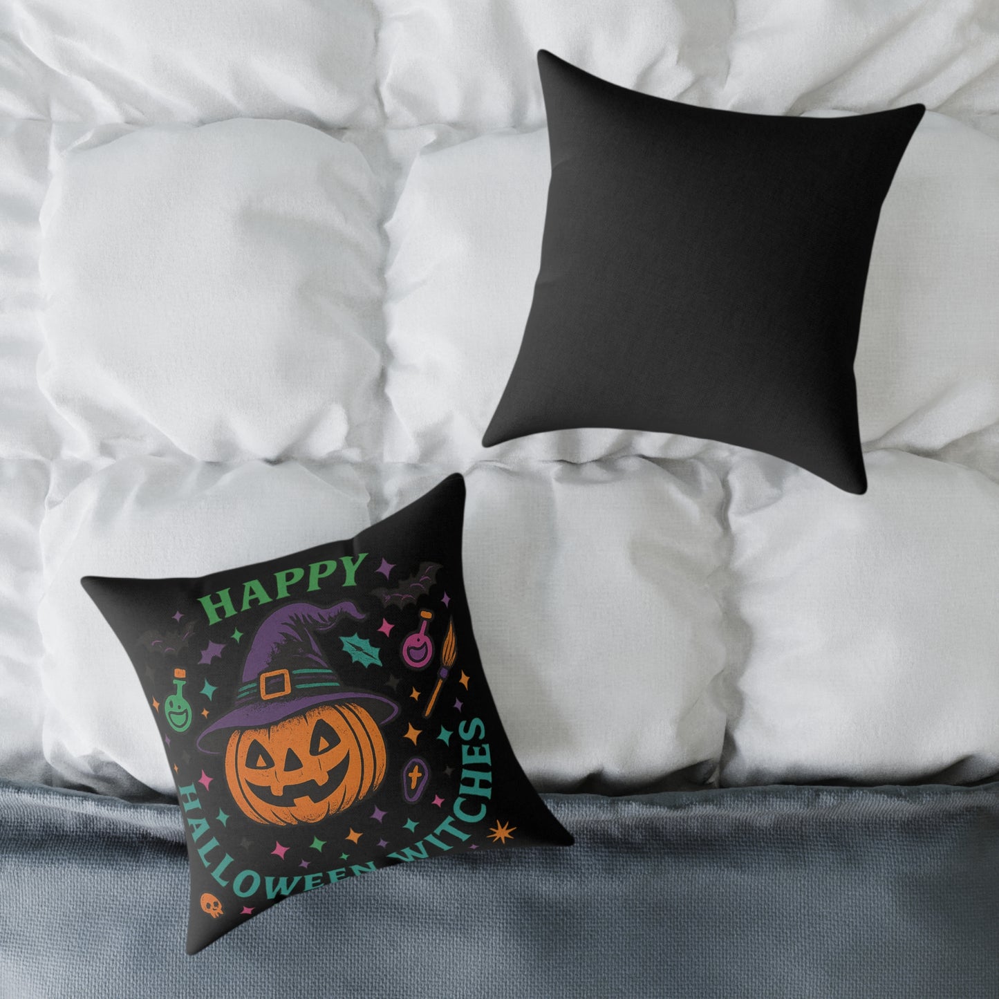 Happy Halloween Witches Pillow, Cozy Fall Decor, Scary Cute Accent Cushion, Witchy Homeware, Halloween Gift Ideas