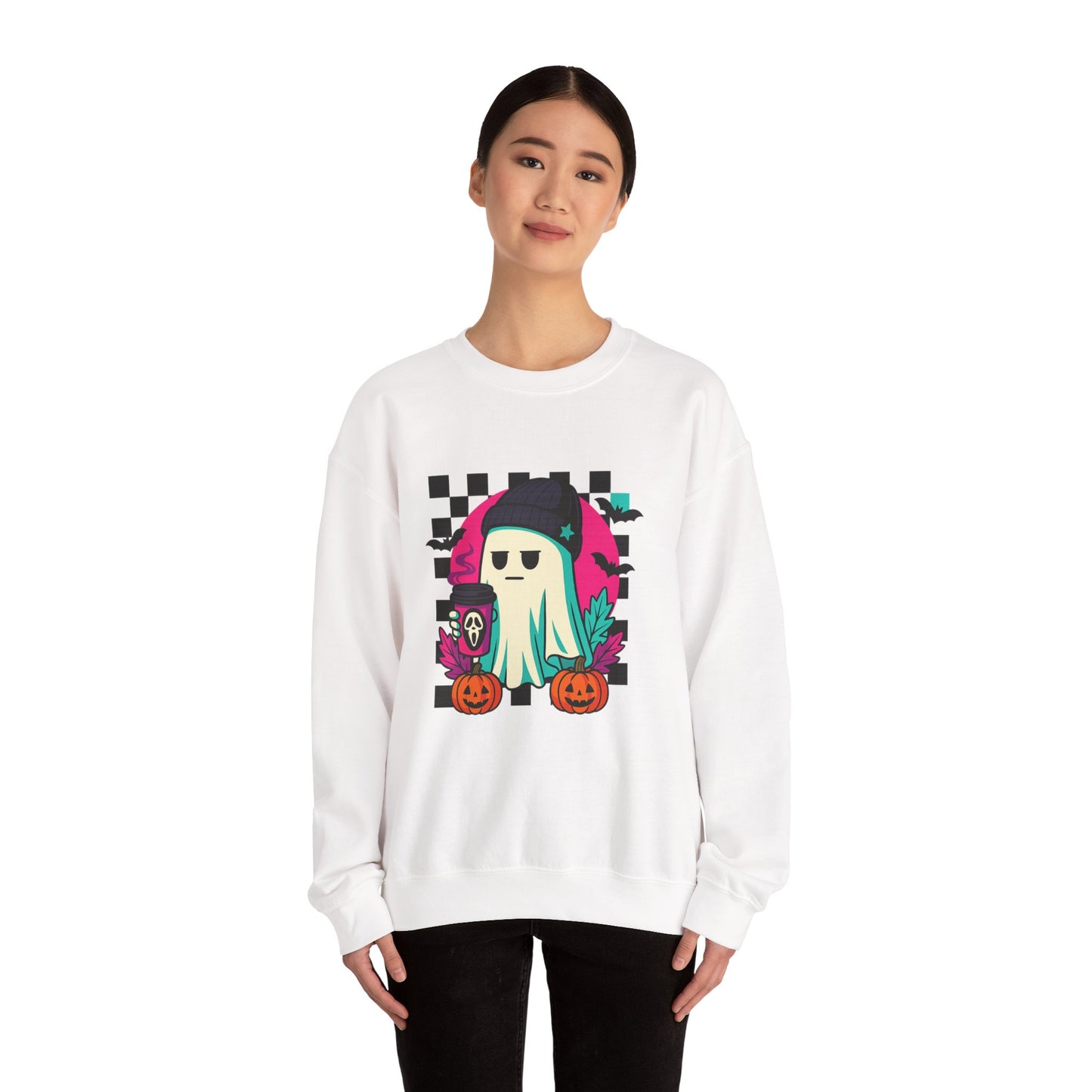 Halloween Ghost Crewneck Sweatshirt, Cozy Fall Layers, Unisex Halloween Apparel, Everyday Comfort, Ghostly Vibes, Seasonal Style