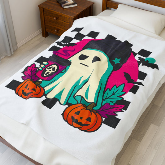 Ghostly Cozy Velveteen Blanket, Halloween Throw, Soft Plush Blanket, Spooky Home Decor, Perfect Gift for Fall
