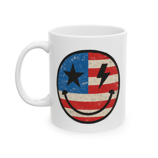 Patriotic Ceramic Mug with Smile Face Design, 4th of July Gift, Fun coffee cup, USA-themed drinkware, Vintage American flag decor, [...]