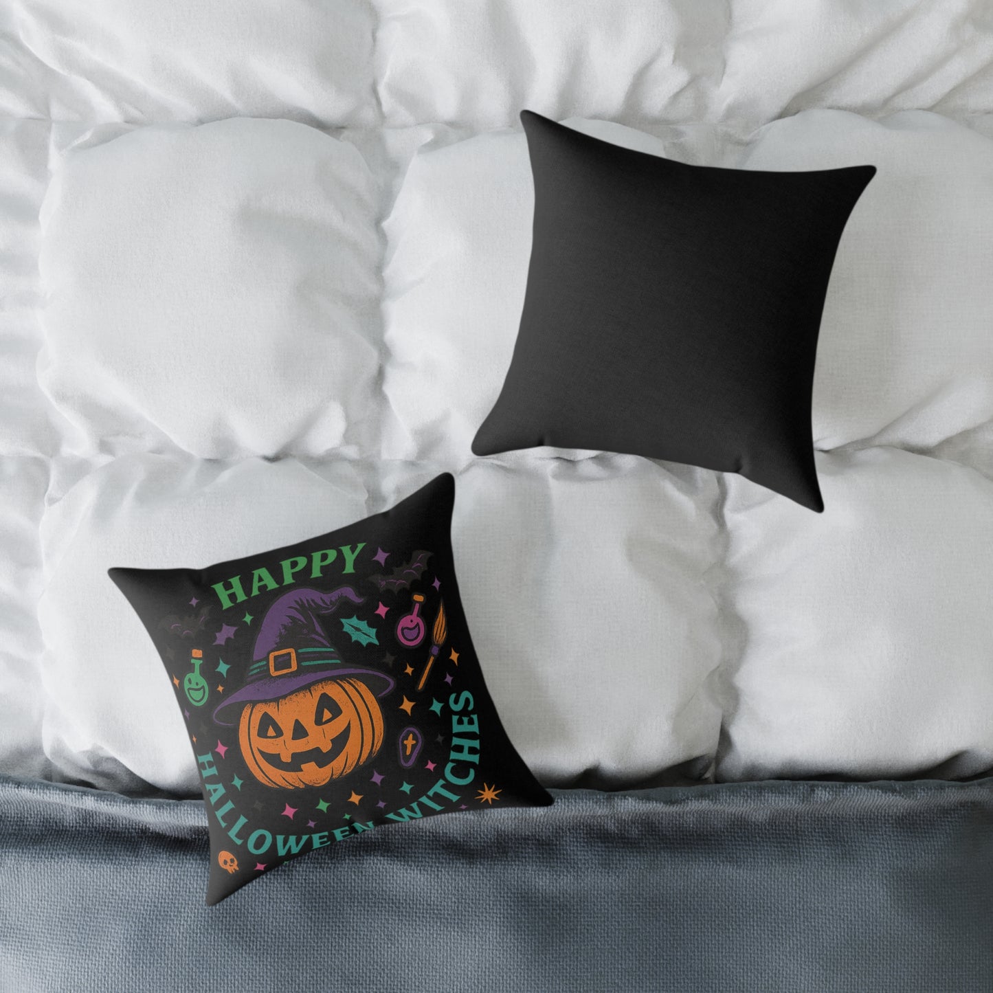 Happy Halloween Witches Pillow, Cozy Fall Decor, Scary Cute Accent Cushion, Witchy Homeware, Halloween Gift Ideas