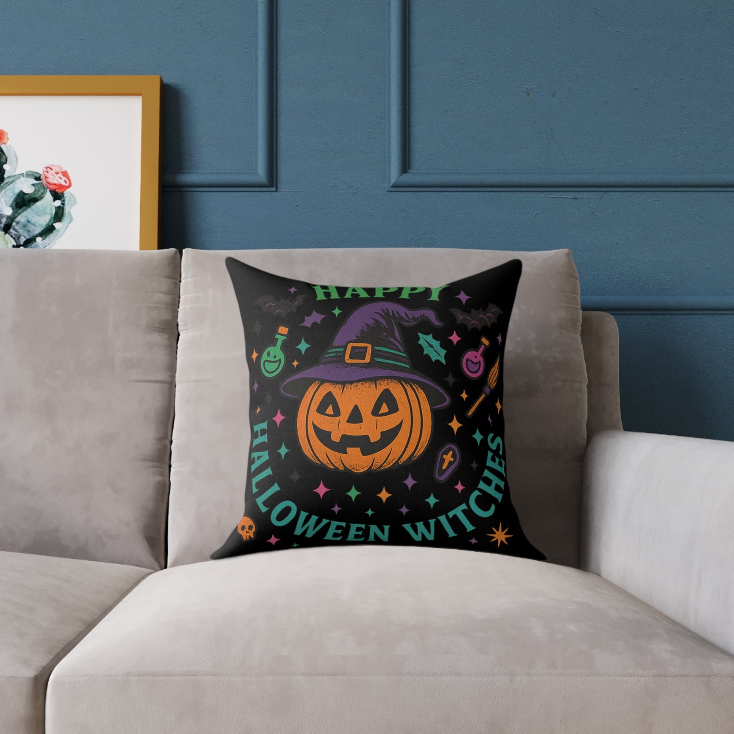Happy Halloween Witches Pillow, Cozy Fall Decor, Scary Cute Accent Cushion, Witchy Homeware, Halloween Gift Ideas