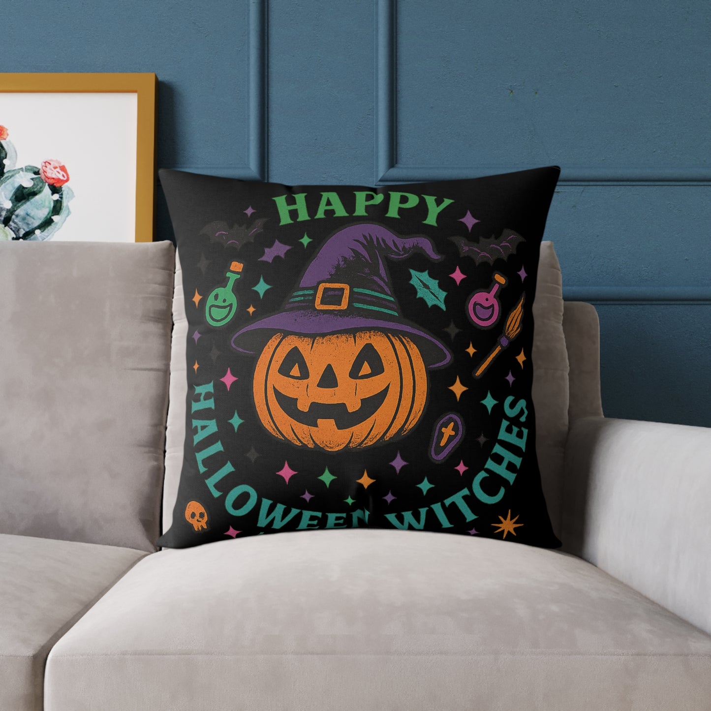 Happy Halloween Witches Pillow, Cozy Fall Decor, Scary Cute Accent Cushion, Witchy Homeware, Halloween Gift Ideas