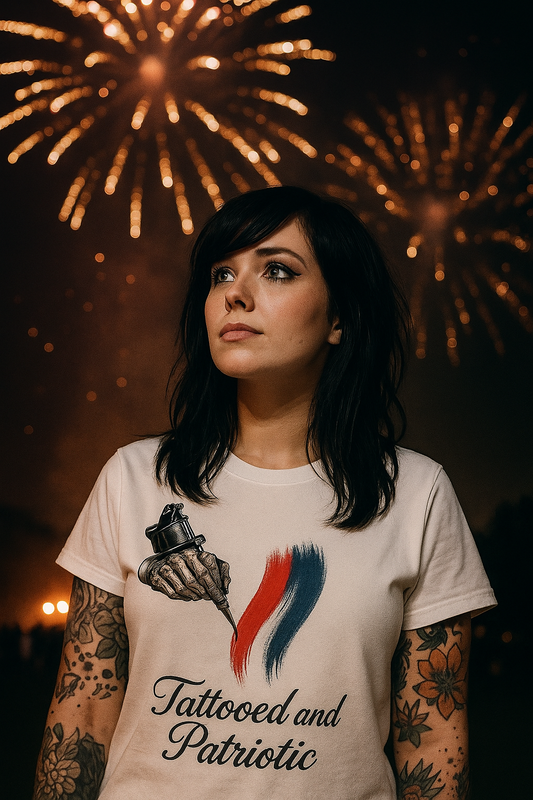Tattooed and Patriotic Unisex Softstyle T-Shirt, Graphic Tee, Gifts for Veterans, Independence Day Shirt, Casual Wear, Proud American [...]