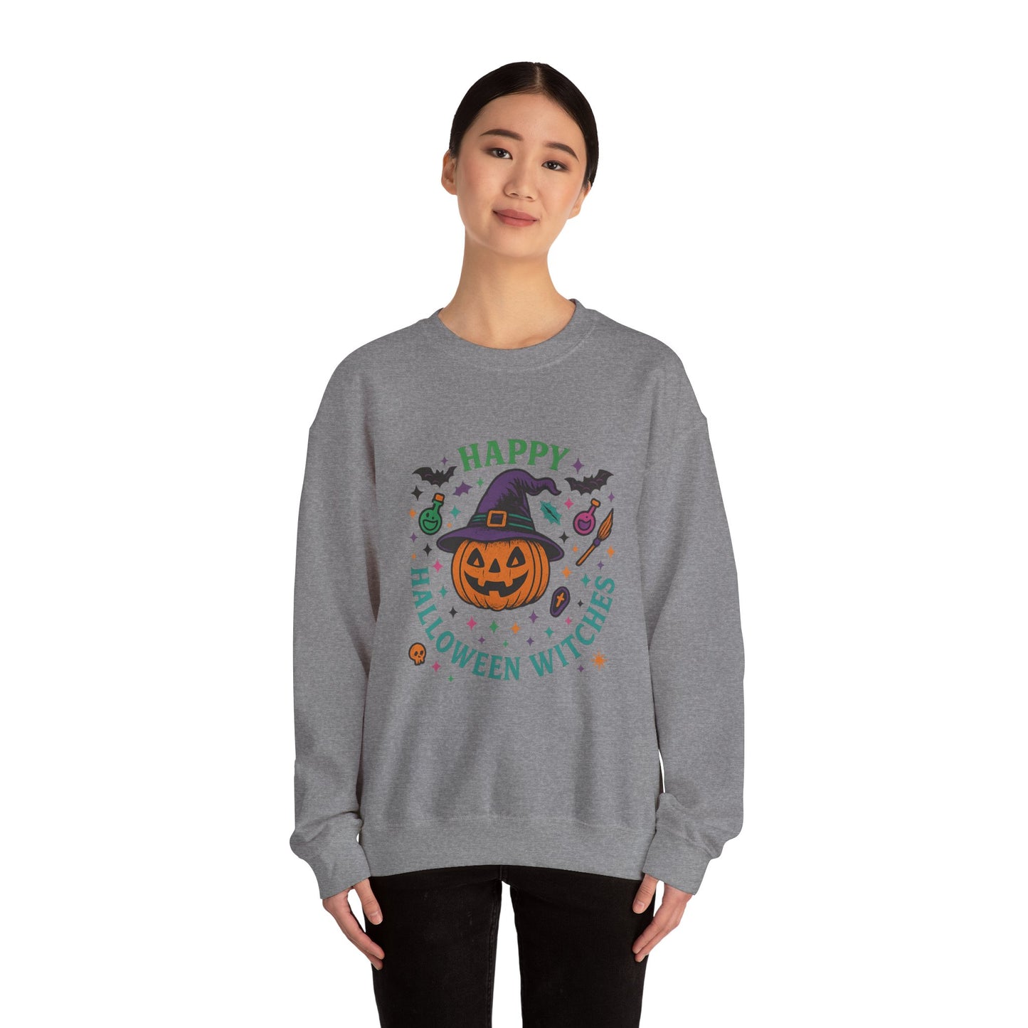 Happy Halloween Witches Sweatshirt, Unisex Cozy Crewneck, Spooky Season Apparel, Fall Fashion, Halloween Gift Idea, Pumpkin Design