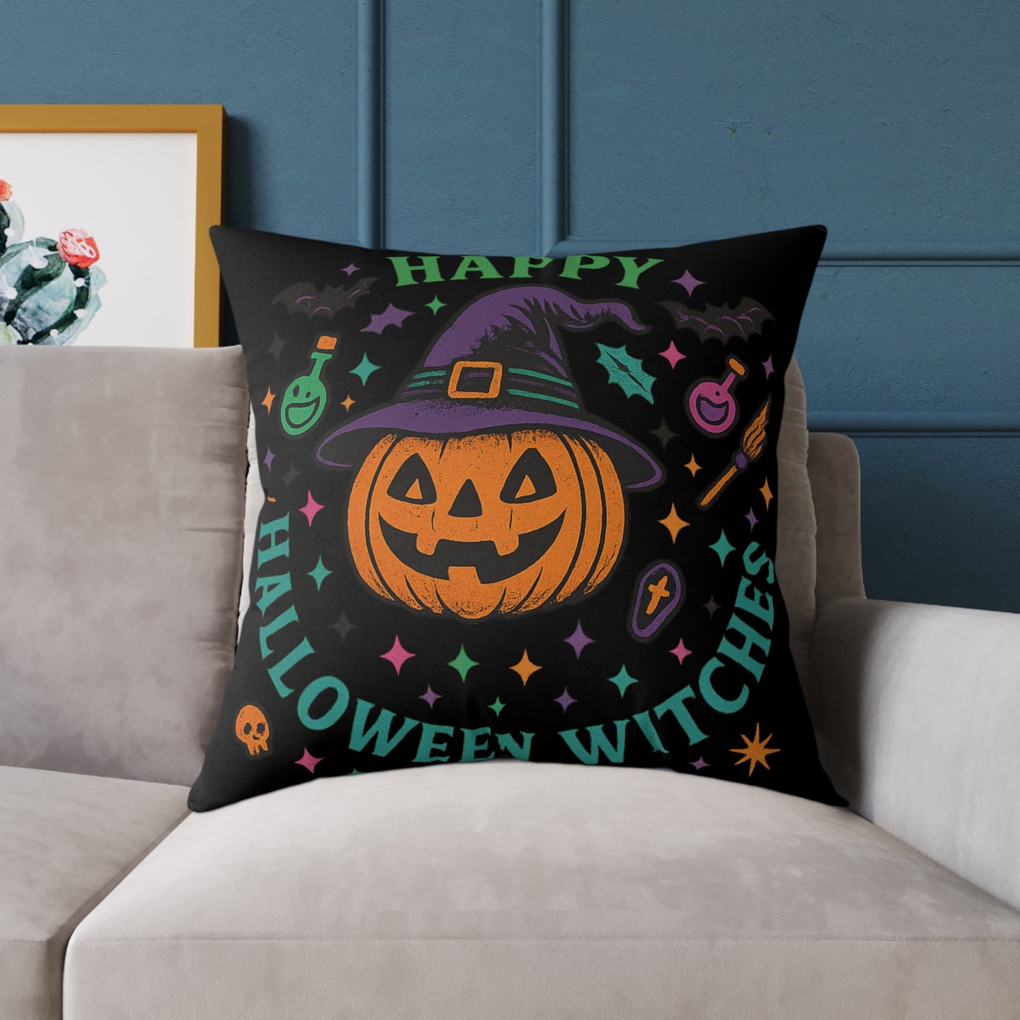 Happy Halloween Witches Pillow, Cozy Fall Decor, Scary Cute Accent Cushion, Witchy Homeware, Halloween Gift Ideas