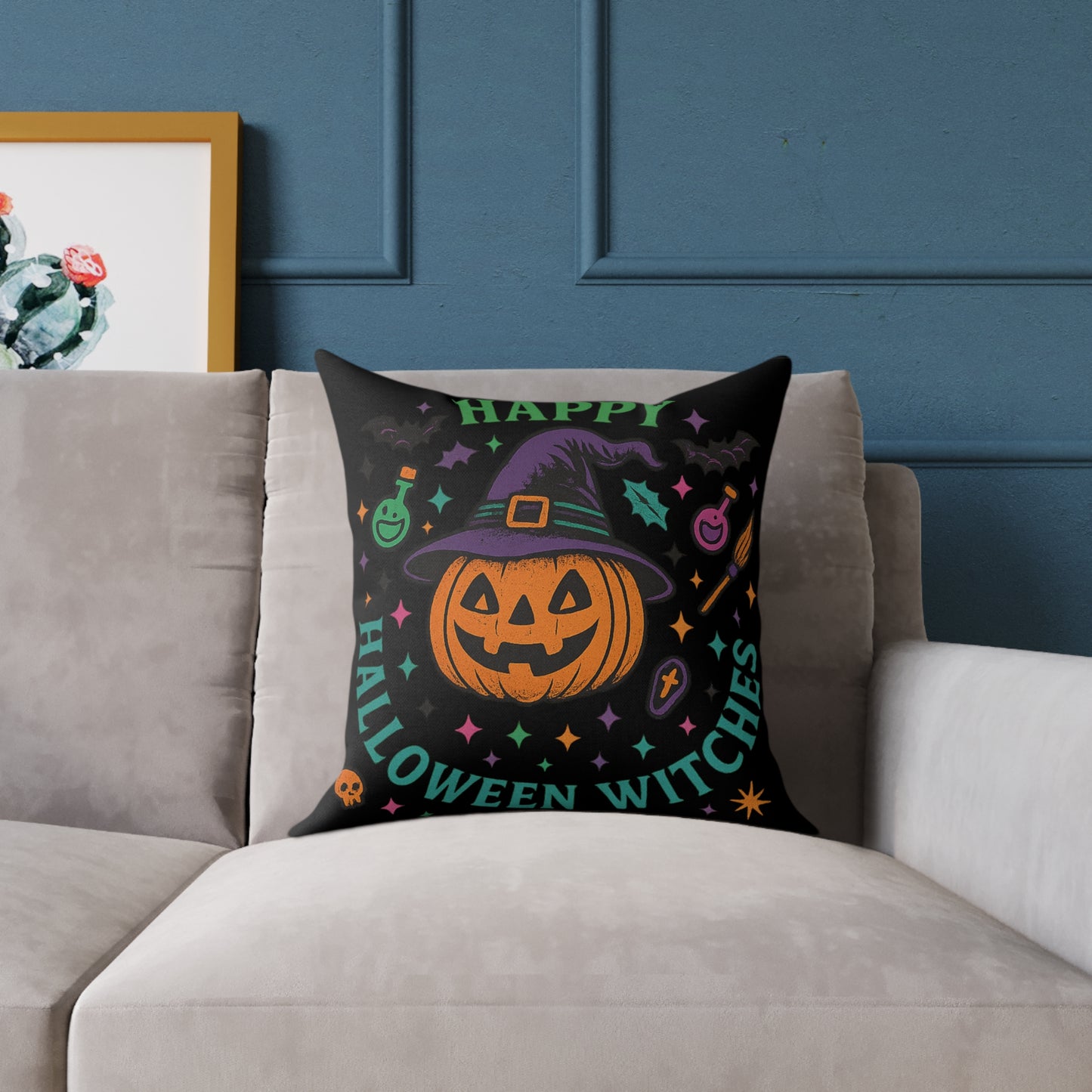 Happy Halloween Witches Pillow, Cozy Fall Decor, Scary Cute Accent Cushion, Witchy Homeware, Halloween Gift Ideas