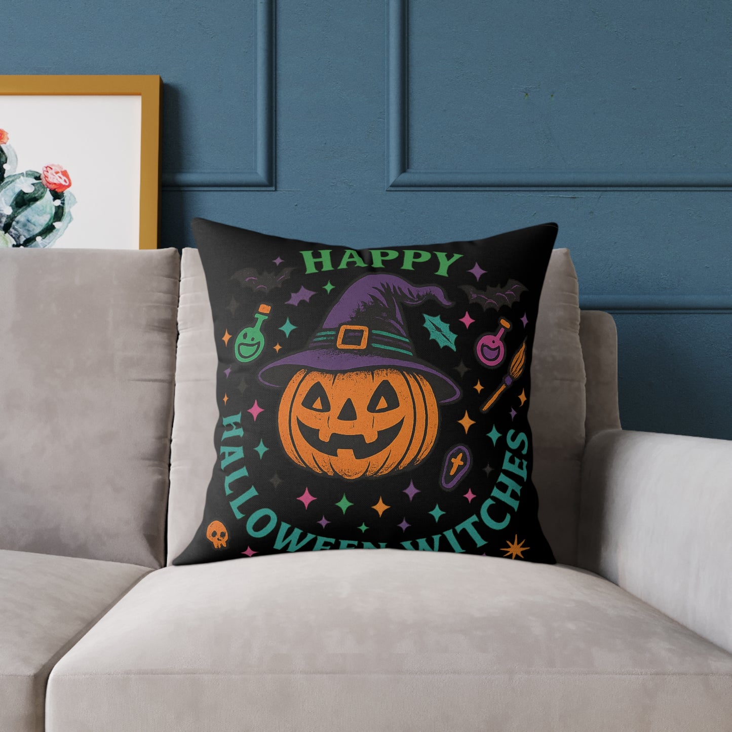 Happy Halloween Witches Pillow, Cozy Fall Decor, Scary Cute Accent Cushion, Witchy Homeware, Halloween Gift Ideas