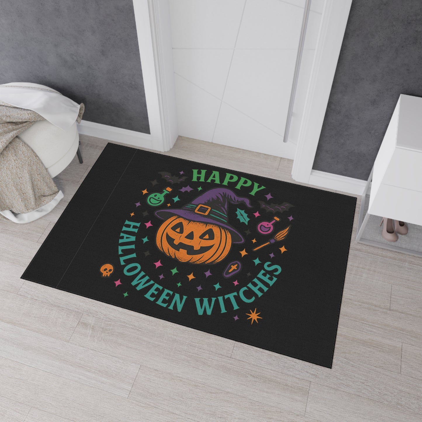 Halloween Floor Mat, Happy Halloween Witches Rug, Spooky Decor, Witchy Home Welcome Mat, Fall Harvest Entrance Mat, Autumn Festival