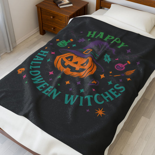 Halloween Witches Plush Blanket, Cozy Decor, Gift for Fall Celebrations, Spooky Home Accessory, Perfect for Trick or Treating